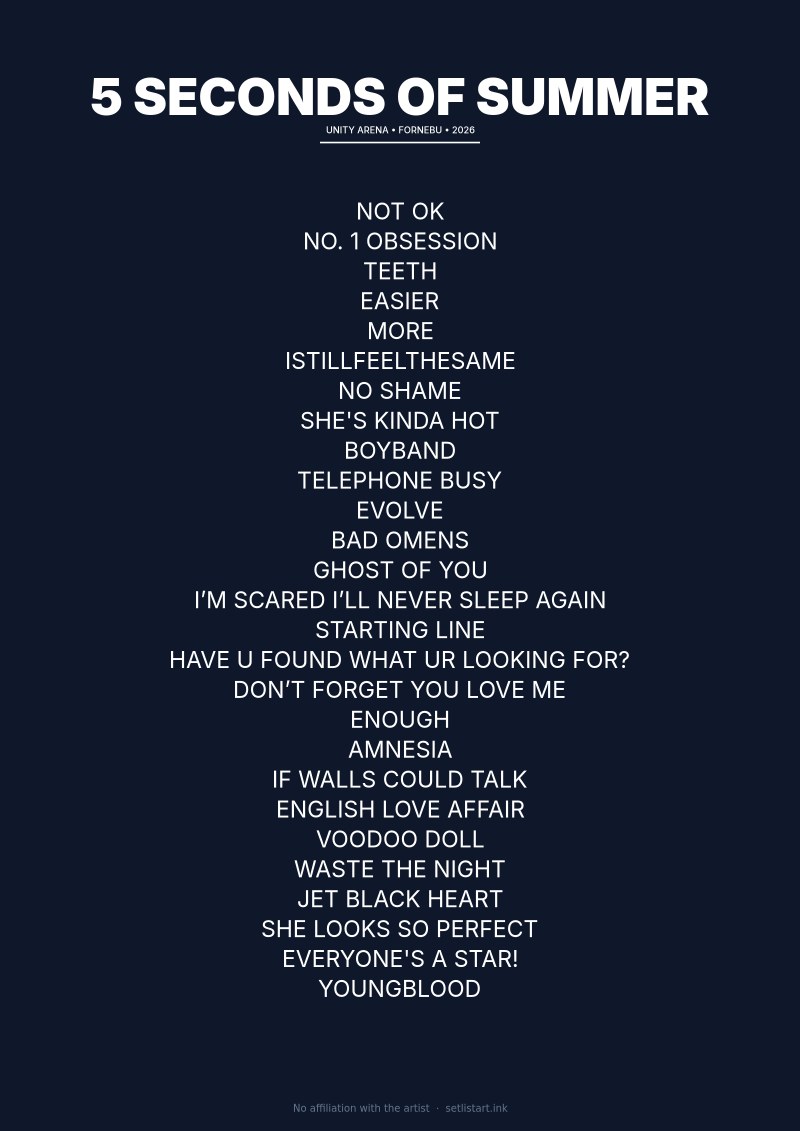 5 Seconds of Summer Fornebu 2026 setlist poster preview