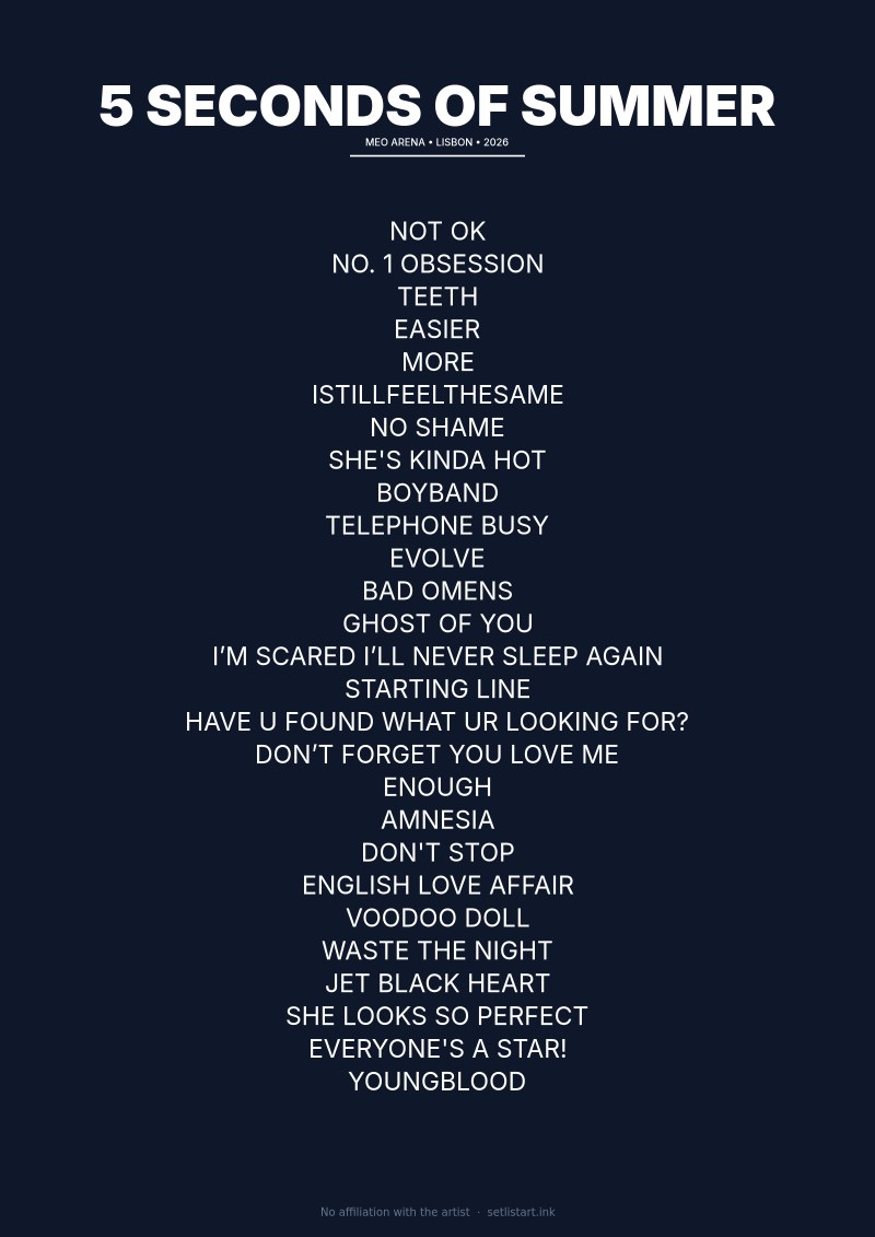 5 Seconds of Summer Lisbon 2026 setlist poster preview
