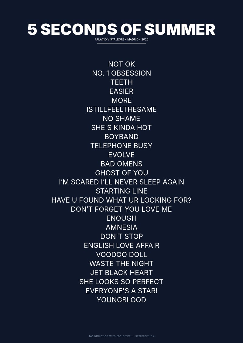 5 Seconds of Summer Madrid 2026 setlist poster preview