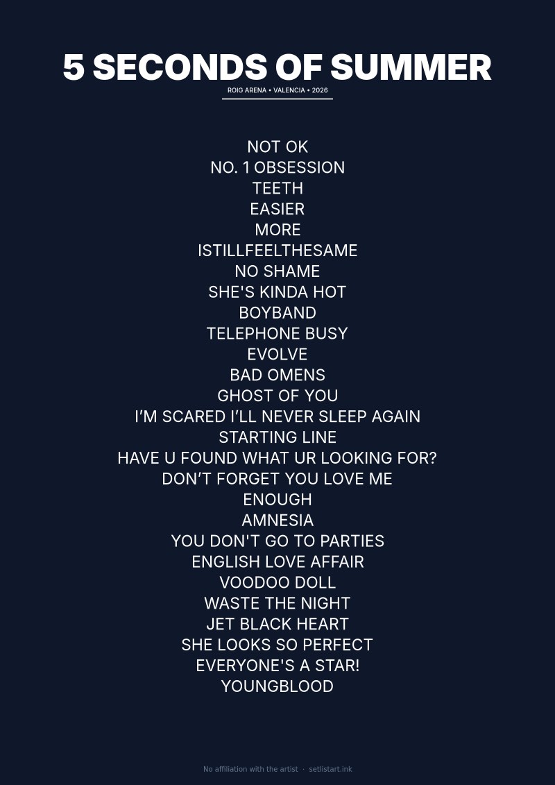 5 Seconds of Summer Valencia 2026 setlist poster preview