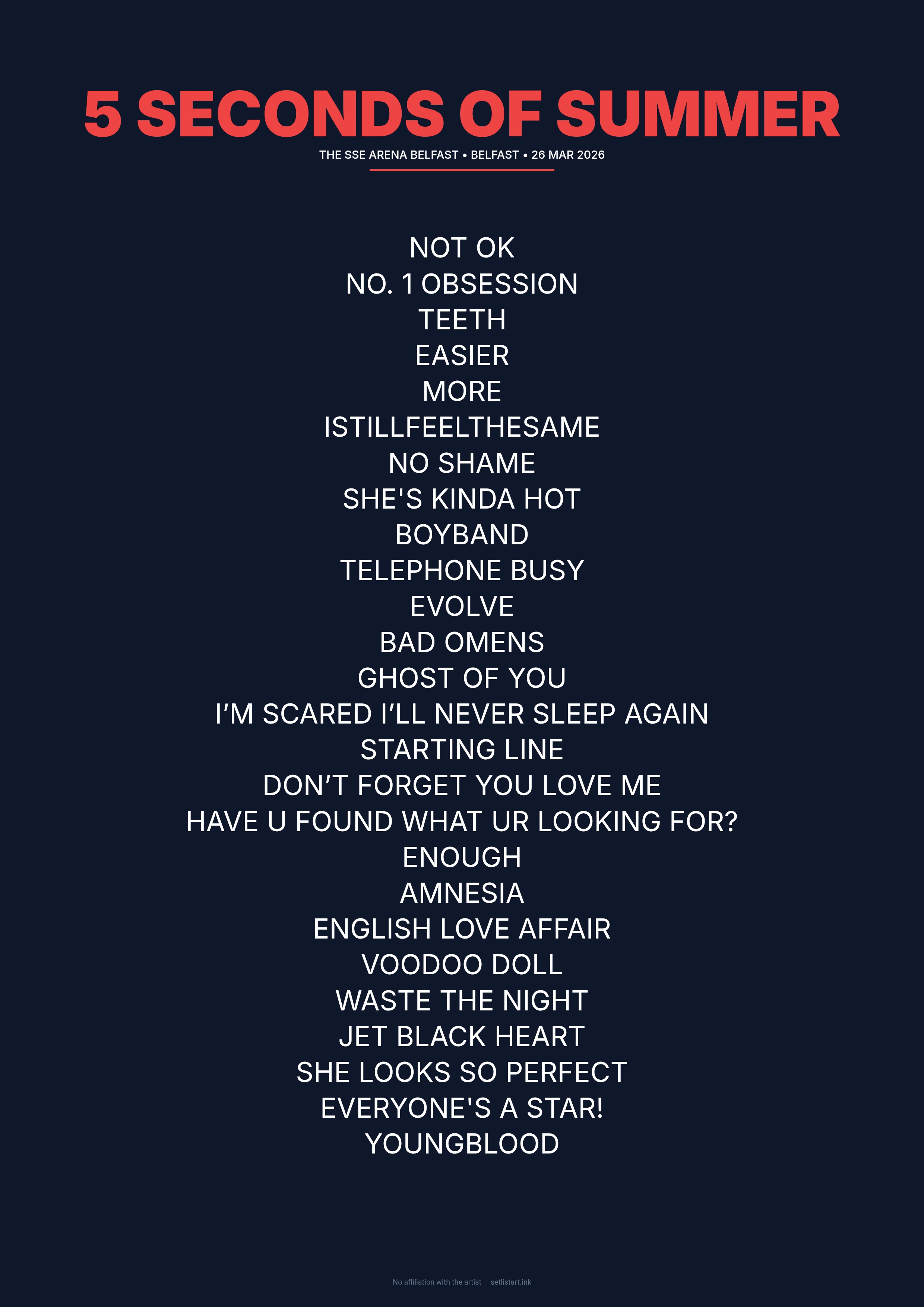 5 Seconds of Summer Belfast 2026 setlist poster preview