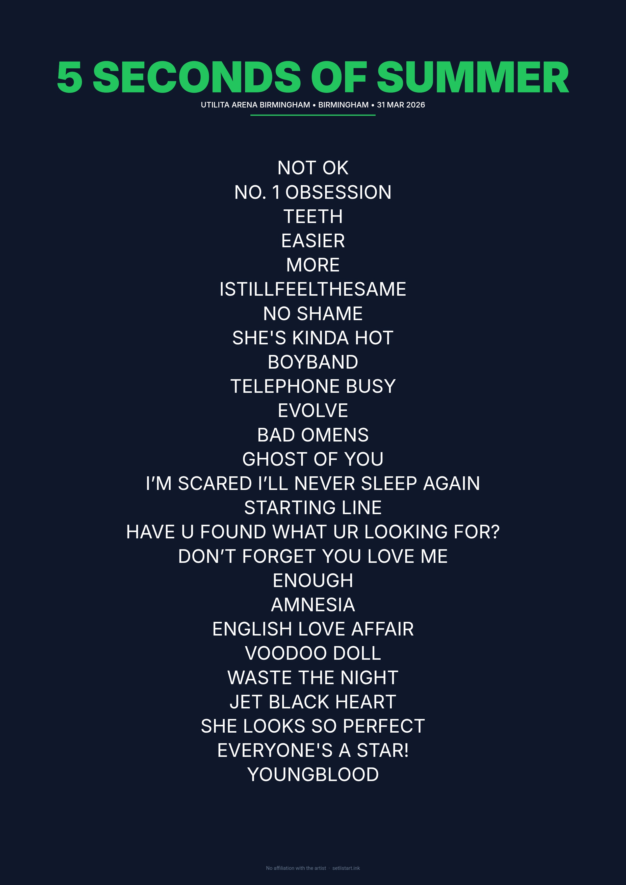 5 Seconds of Summer Birmingham 2026 setlist poster preview