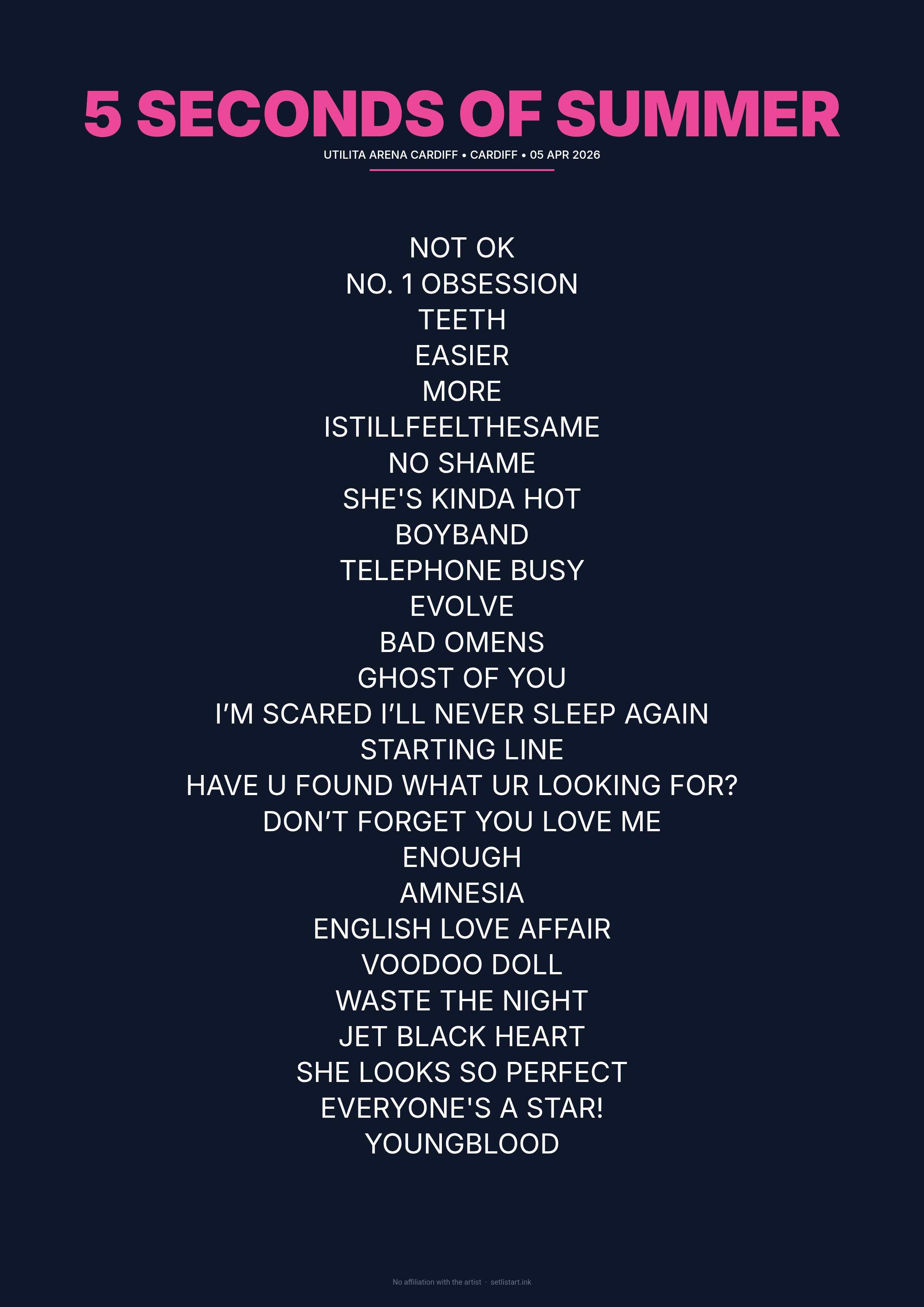 5 Seconds of Summer Cardiff 2026 setlist poster preview