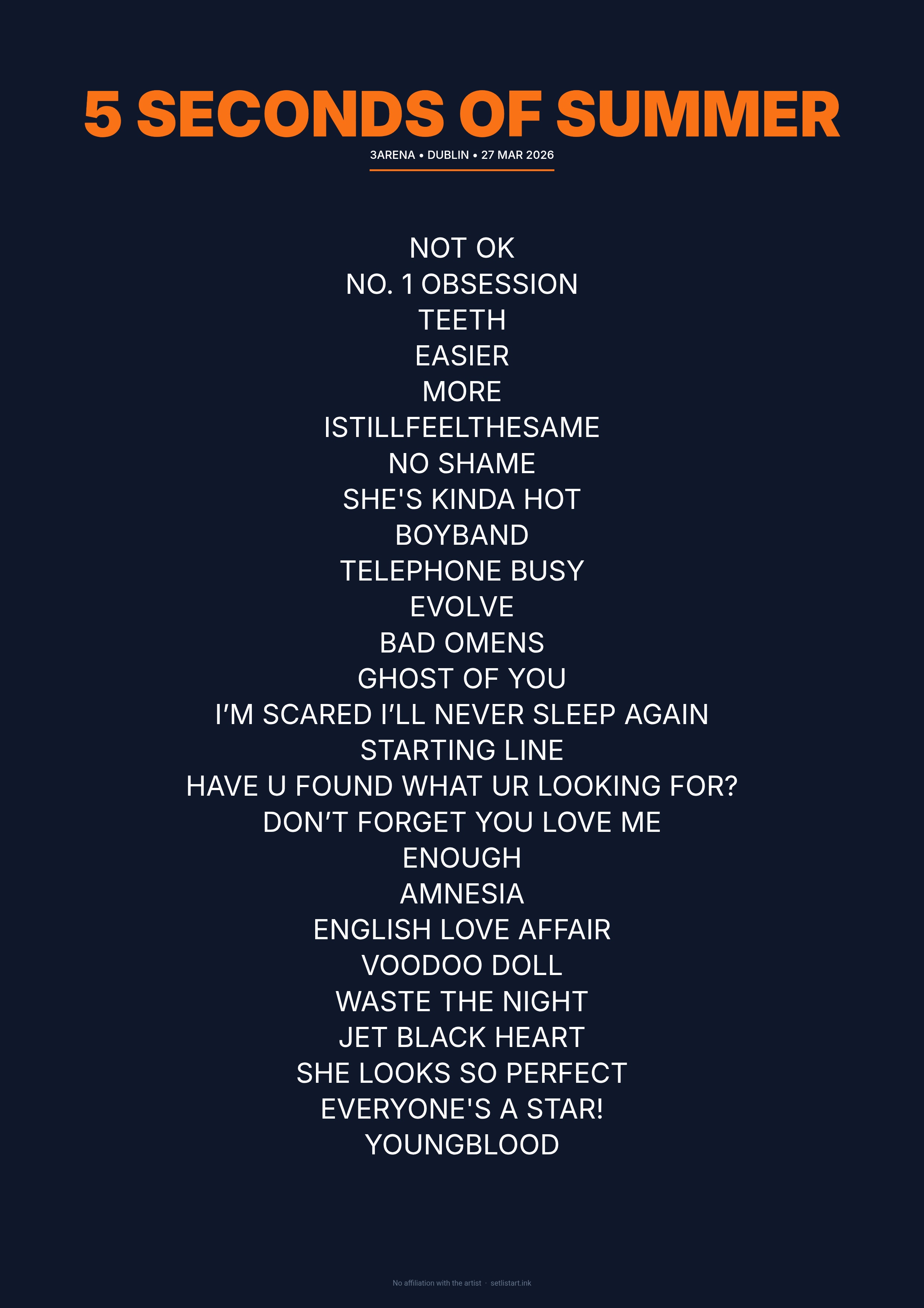 5 Seconds of Summer Dublin 2026 setlist poster preview