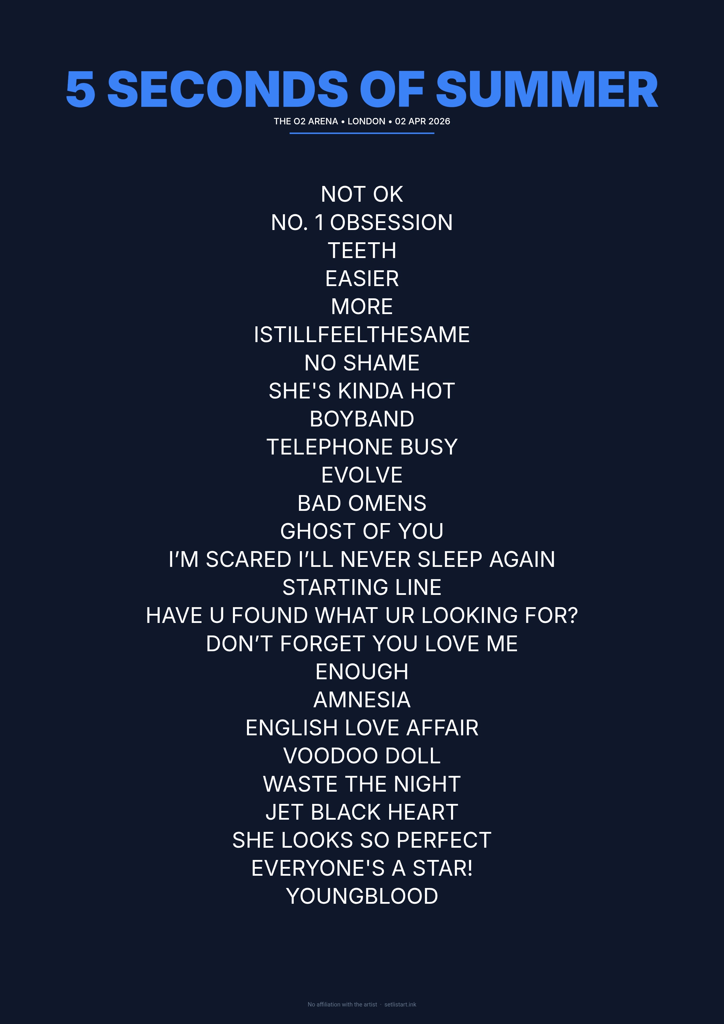 5 Seconds of Summer London 2026 setlist poster preview