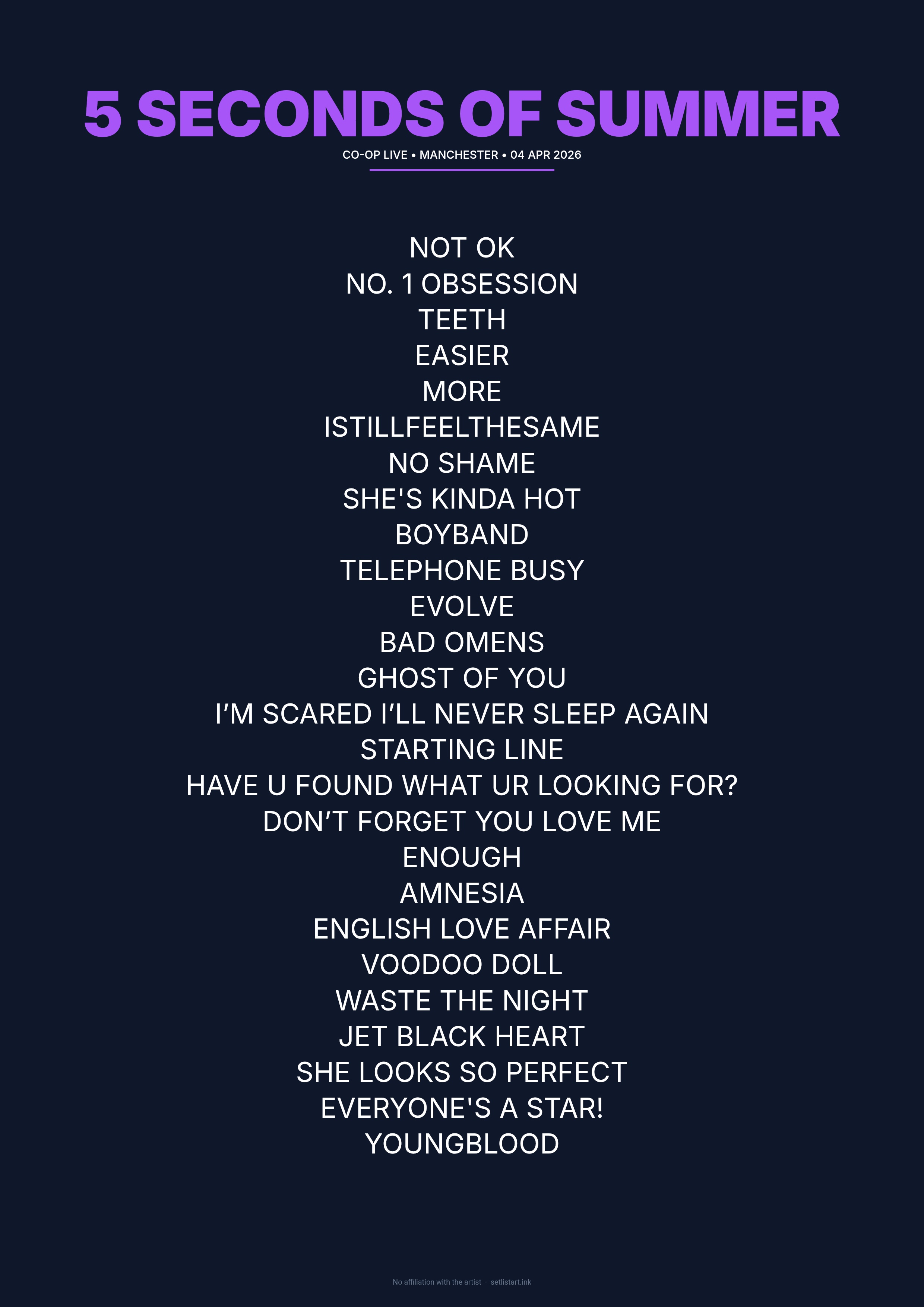 5 Seconds of Summer Manchester 2026 setlist poster preview