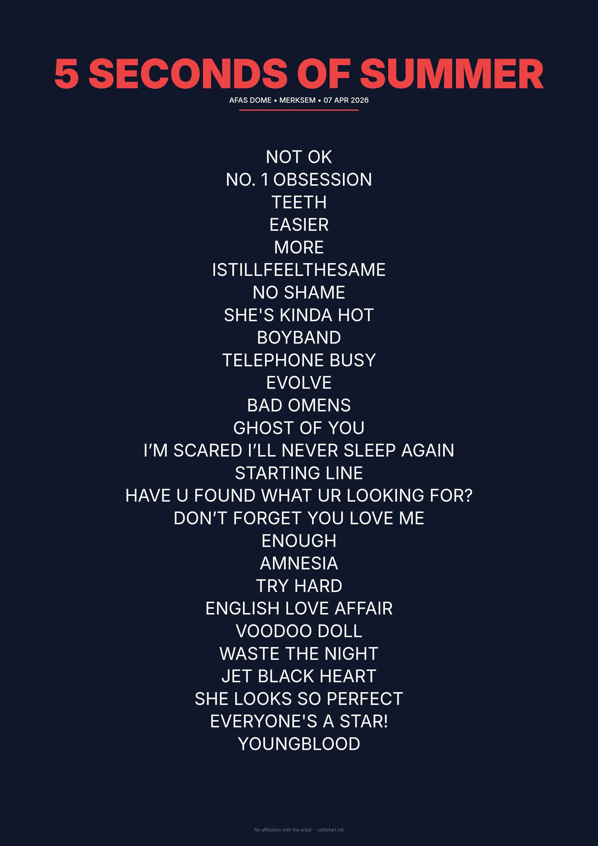 5 Seconds of Summer Merksem 2026 setlist poster preview