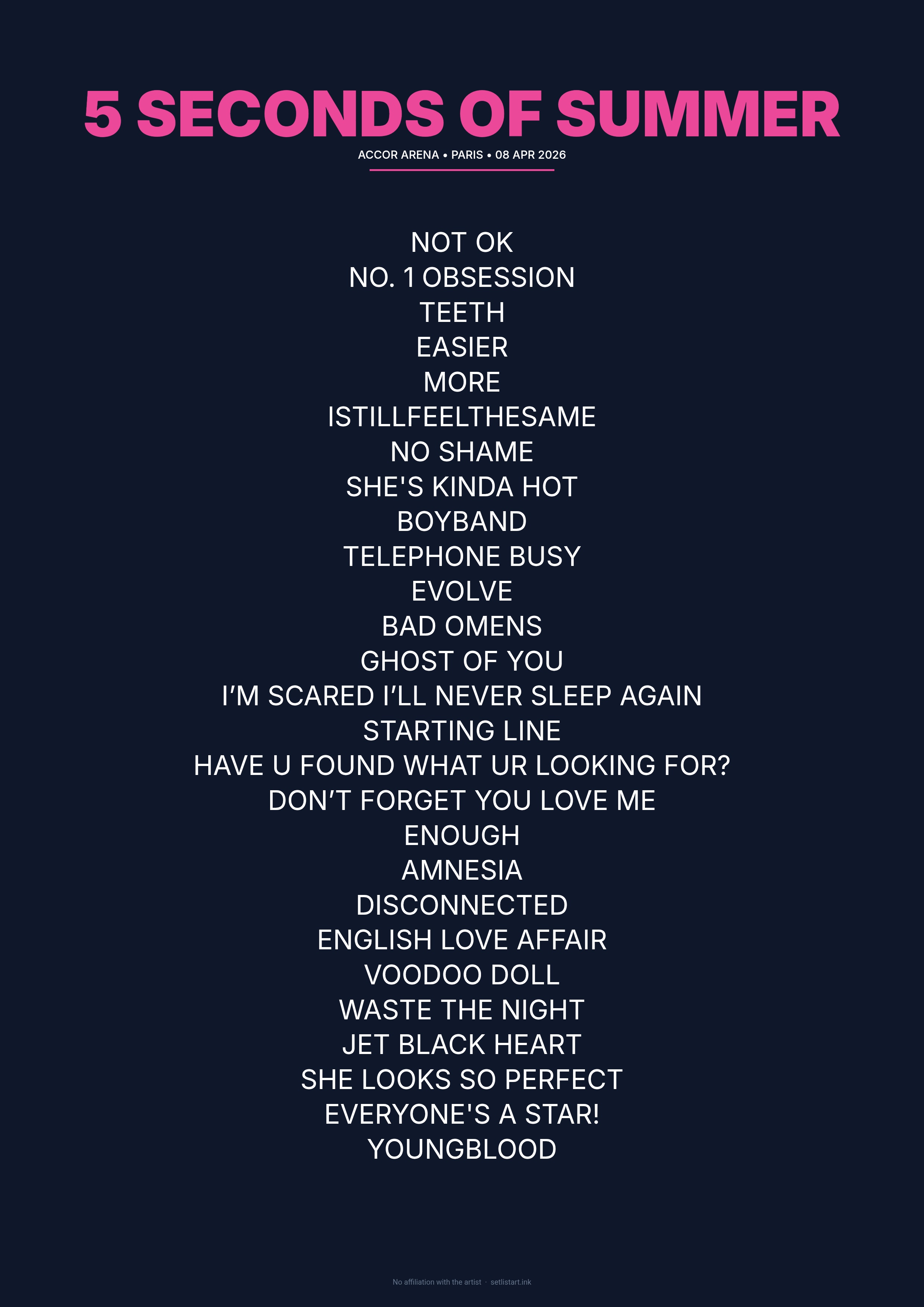 5 Seconds of Summer Paris 2026 setlist poster preview