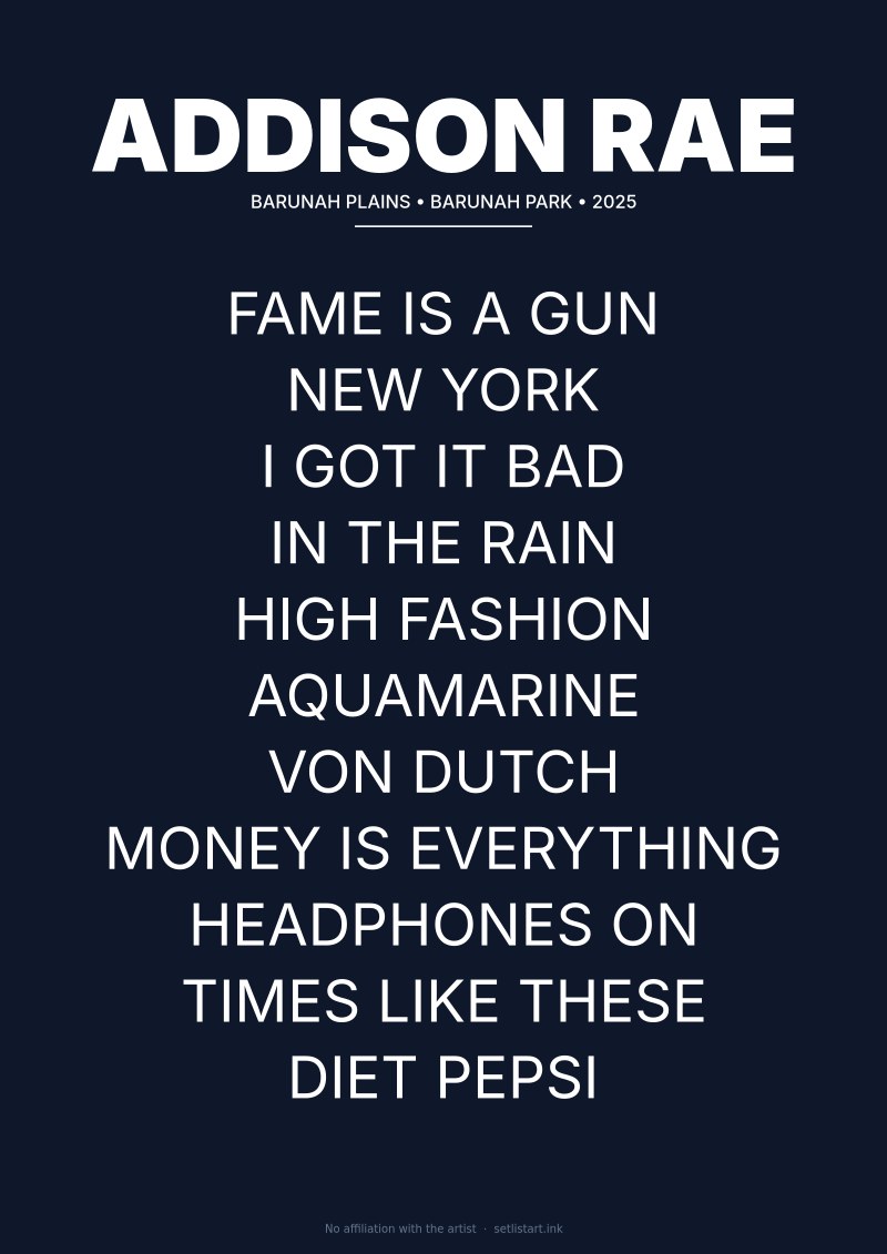 Addison Rae Barunah Park 2025 setlist poster preview