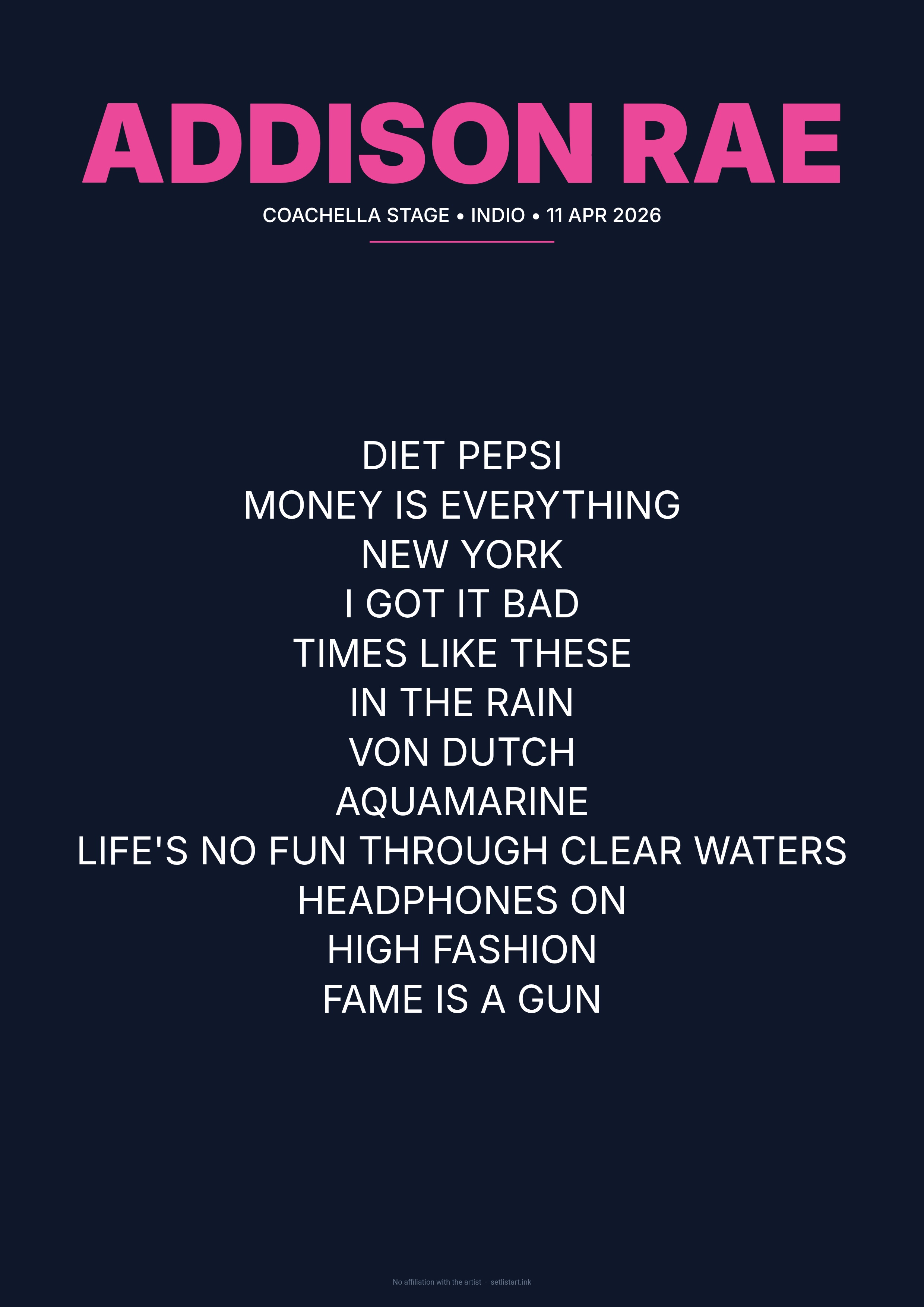 Addison Rae Coachella 2026 setlist poster preview