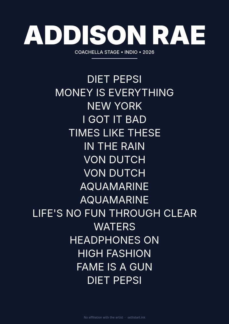 Addison Rae Indio 2026 setlist poster preview