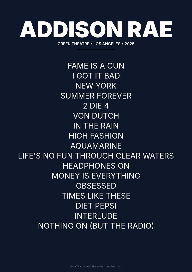 Addison Rae Los Angeles 2025 setlist poster preview