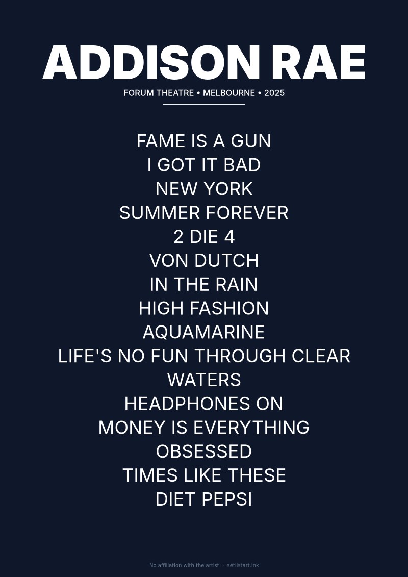 Addison Rae Melbourne 2025 setlist poster preview