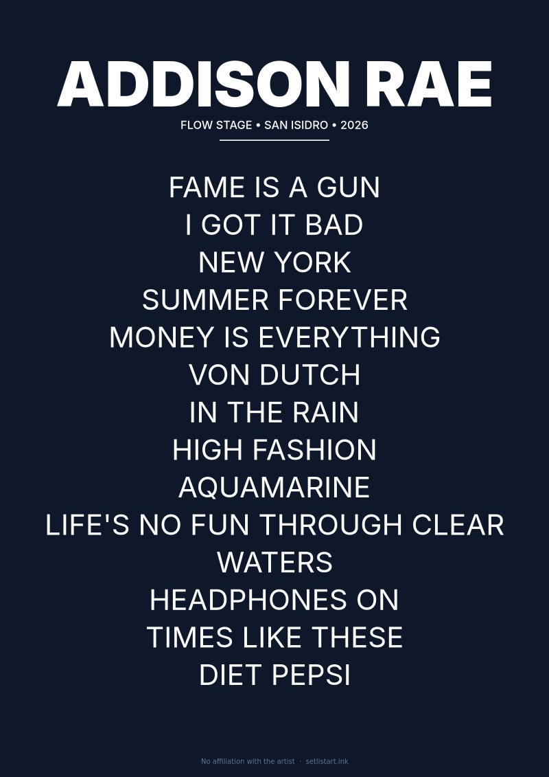 Addison Rae San Isidro 2026 setlist poster preview