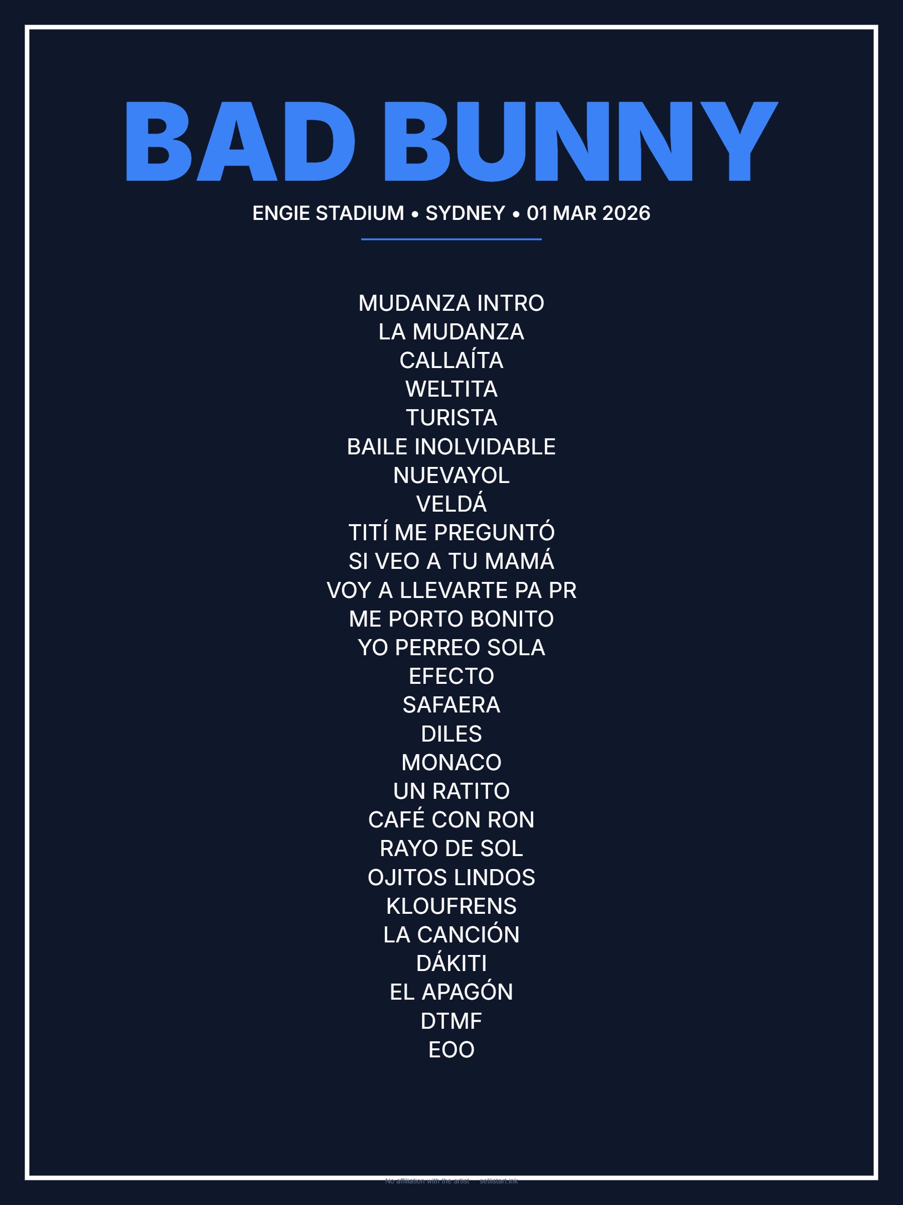 Bad Bunny Sydney 2026 setlist poster preview