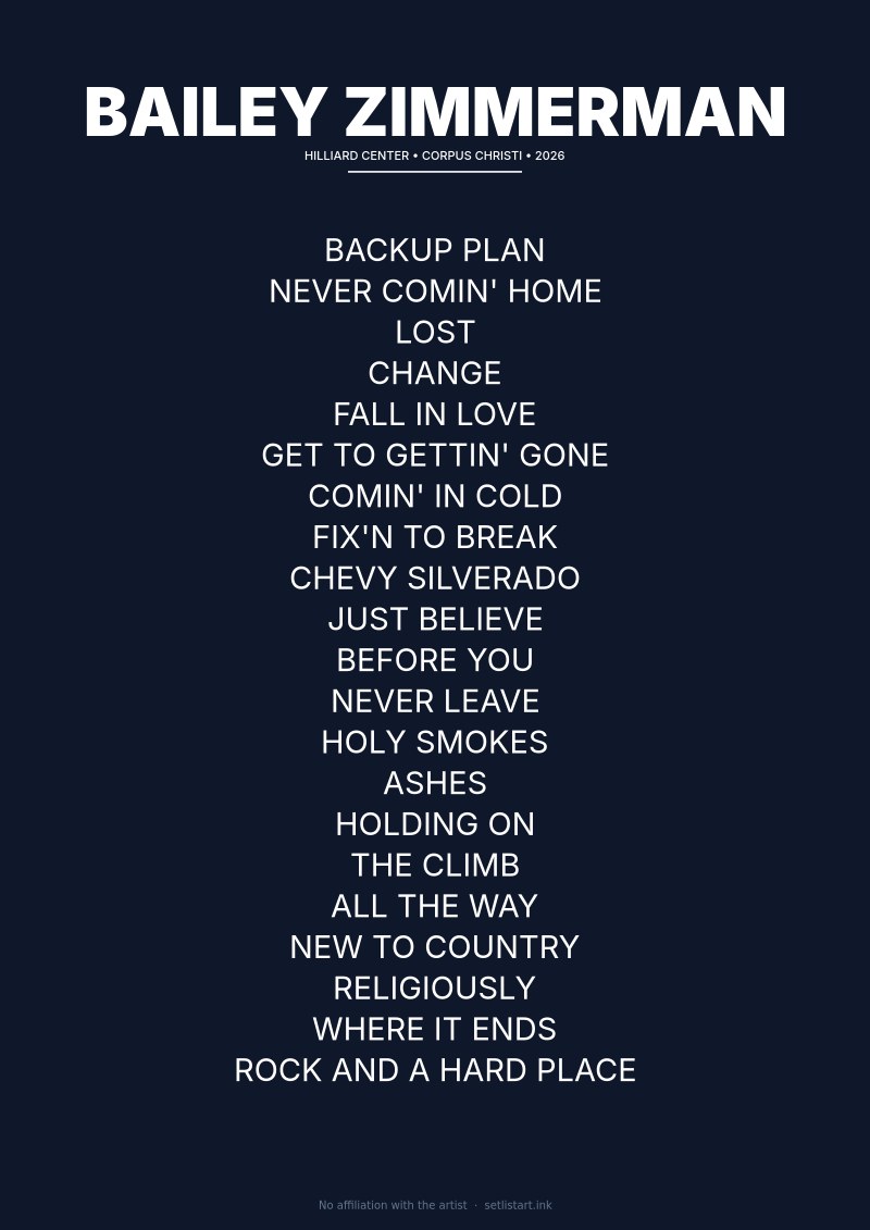 Bailey Zimmerman Corpus Christi 2026 setlist poster preview