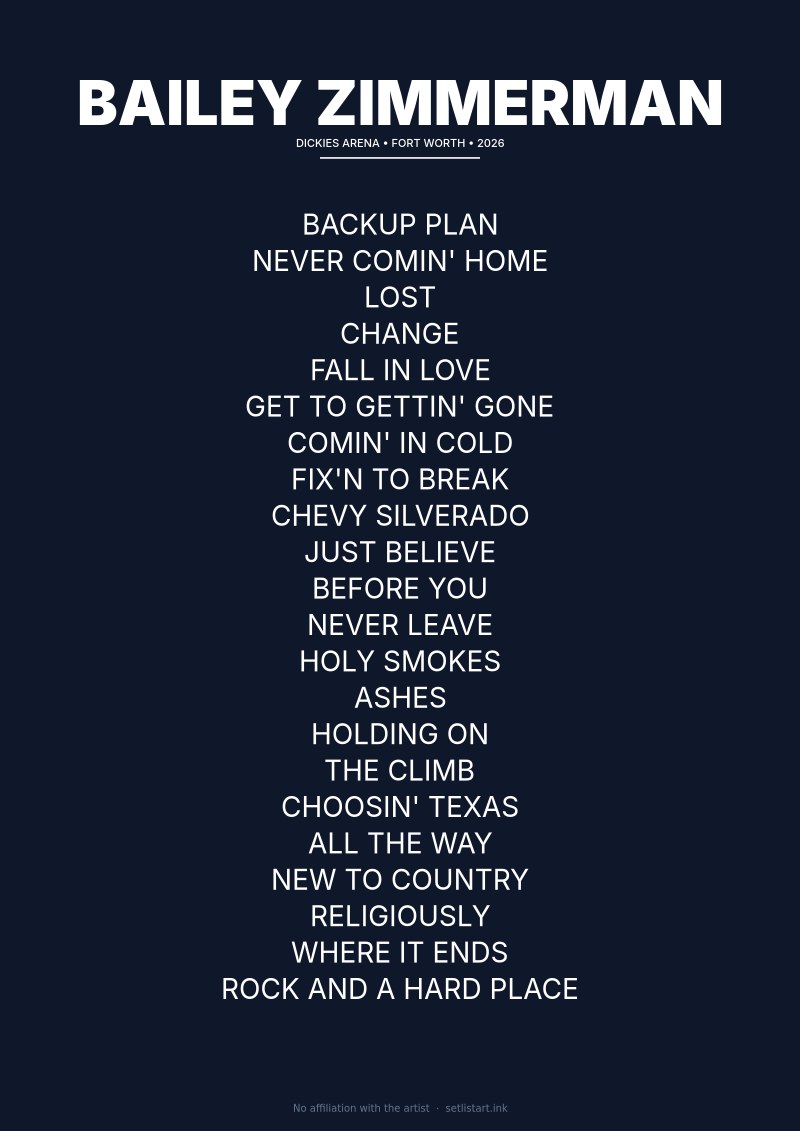 Bailey Zimmerman Fort Worth 2026 setlist poster preview