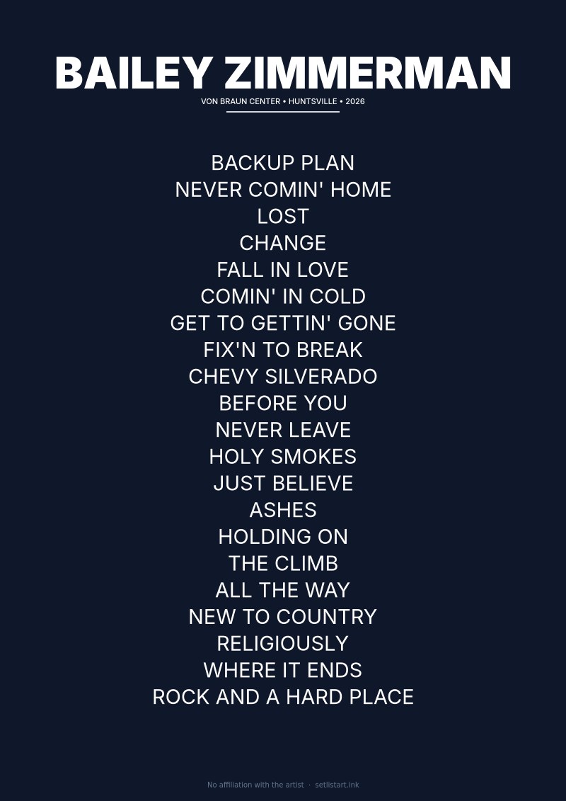 Bailey Zimmerman Huntsville 2026 setlist poster preview