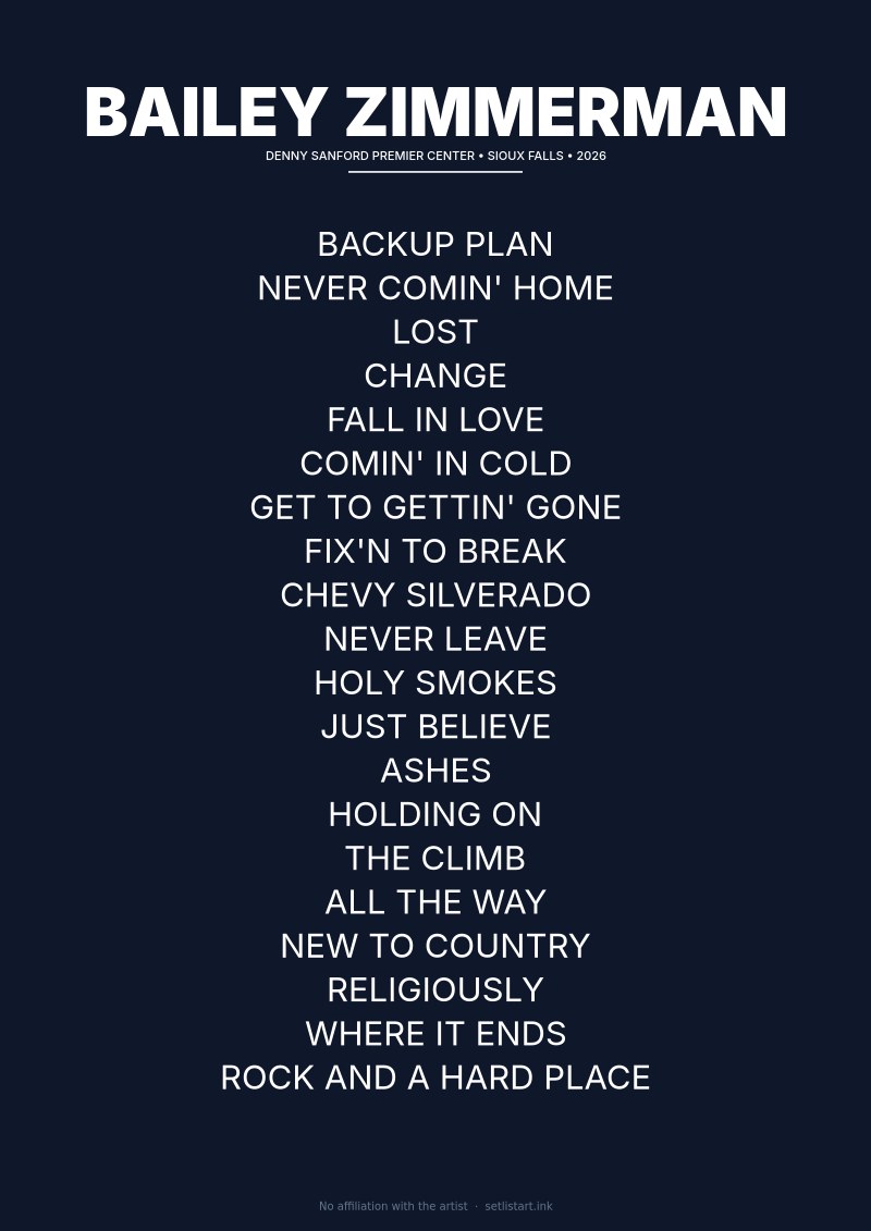 Bailey Zimmerman Sioux Falls 2026 setlist poster preview