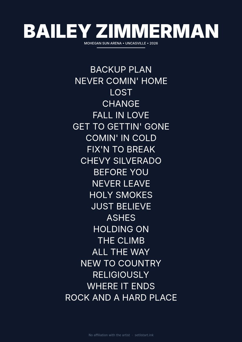 Bailey Zimmerman Uncasville 2026 setlist poster preview