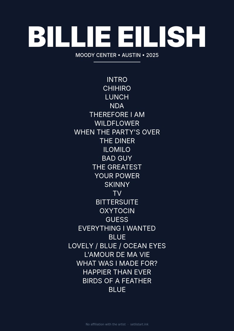 Billie Eilish Austin 2025 setlist poster preview