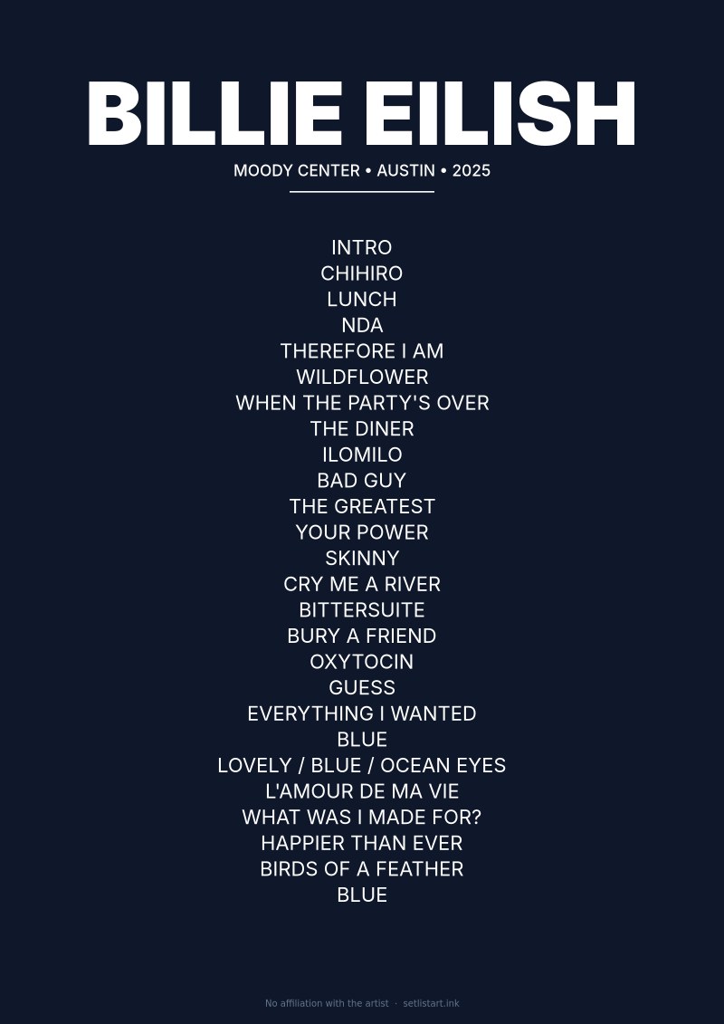 Billie Eilish Austin 2025 setlist poster preview