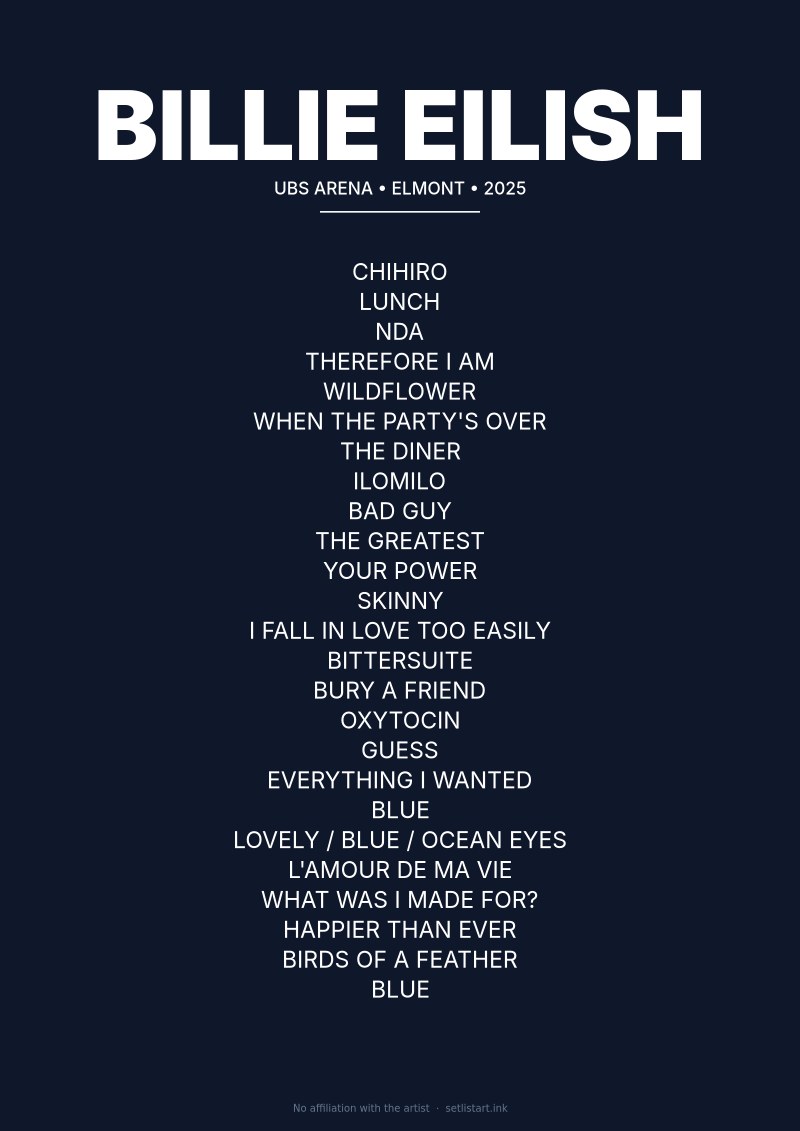 Billie Eilish Elmont 2025 setlist poster preview
