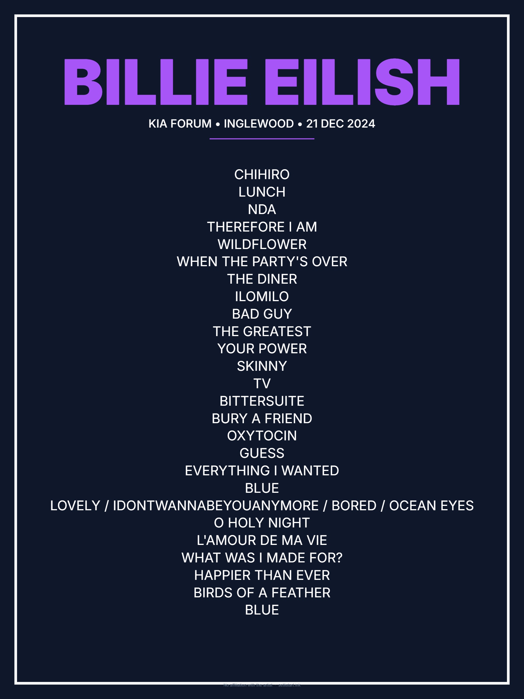 Billie Eilish Inglewood 2024 setlist poster preview