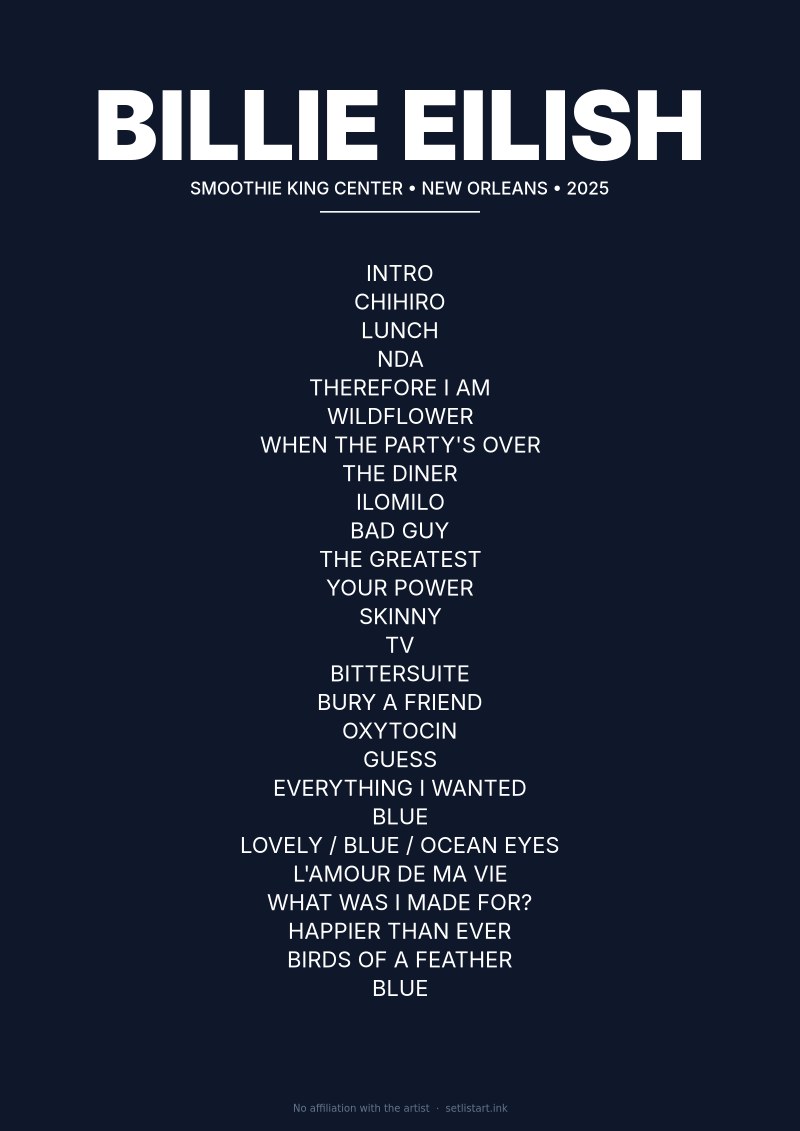 Billie Eilish New Orleans 2025 setlist poster preview