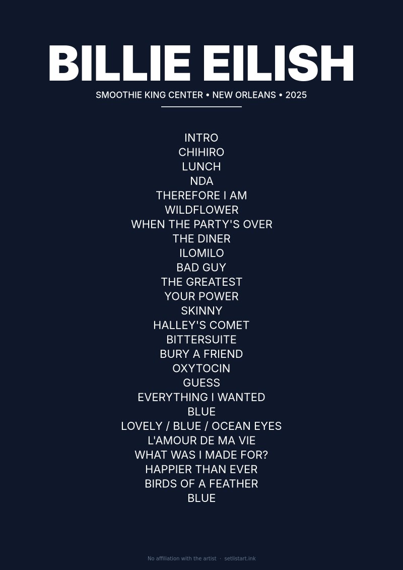 Billie Eilish New Orleans 2025 setlist poster preview