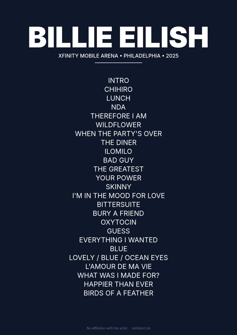 Billie Eilish Philadelphia 2025 setlist poster preview