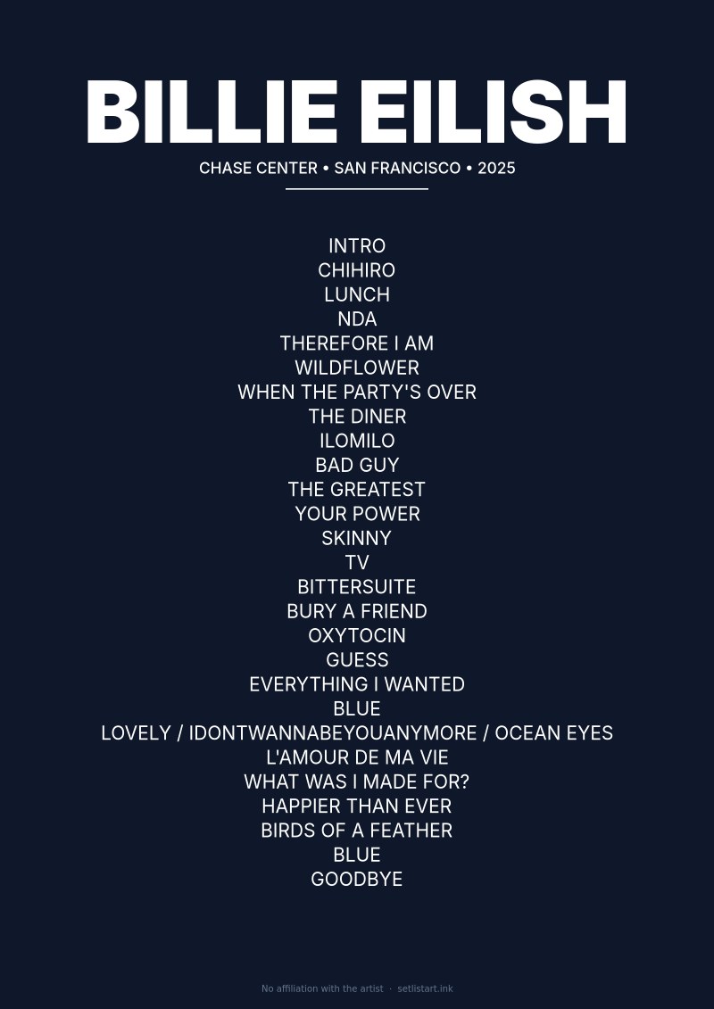 Billie Eilish San Francisco 2025 setlist poster preview