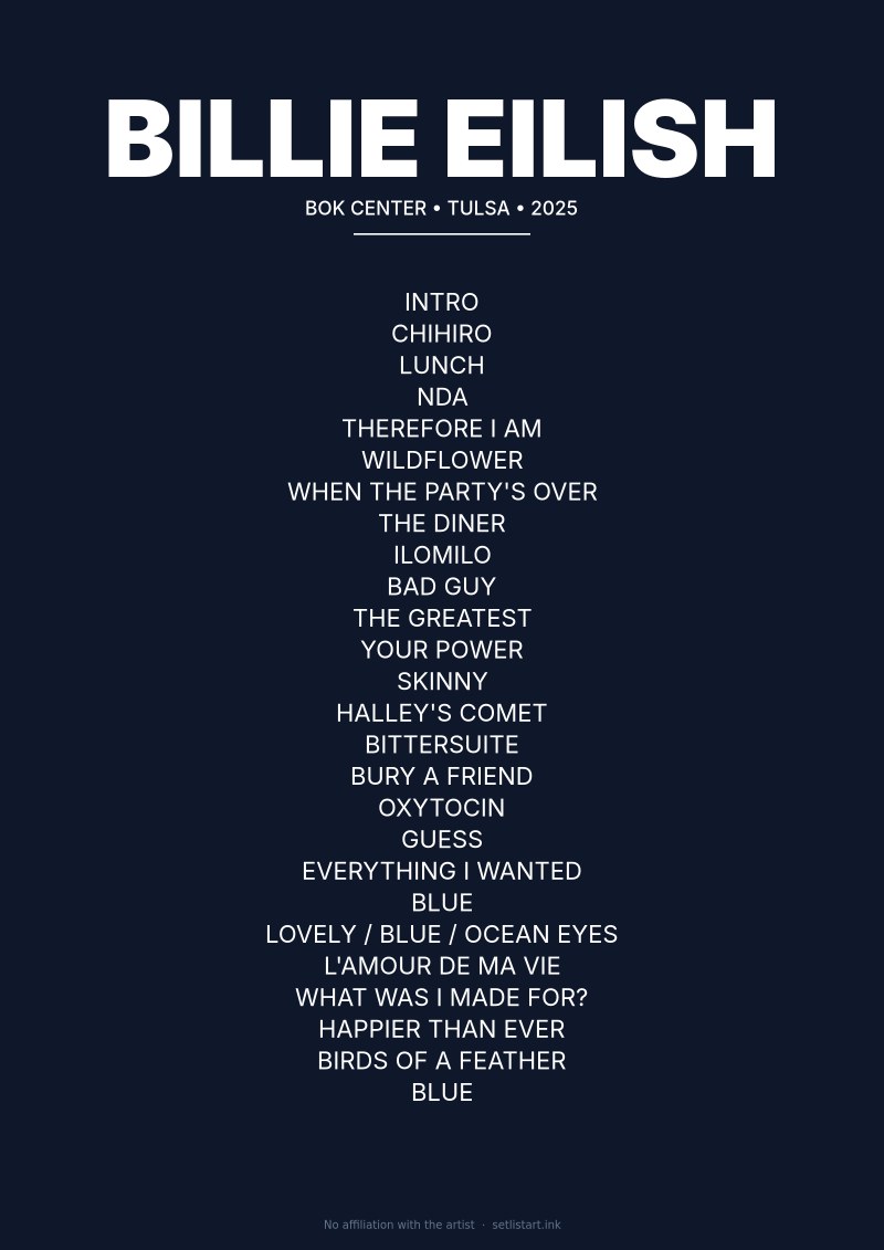 Billie Eilish Tulsa 2025 setlist poster preview