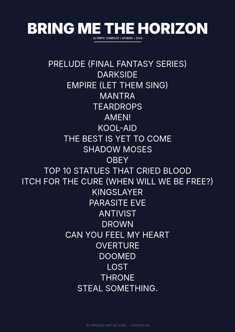Bring Me the Horizon Athens 2024 setlist poster preview