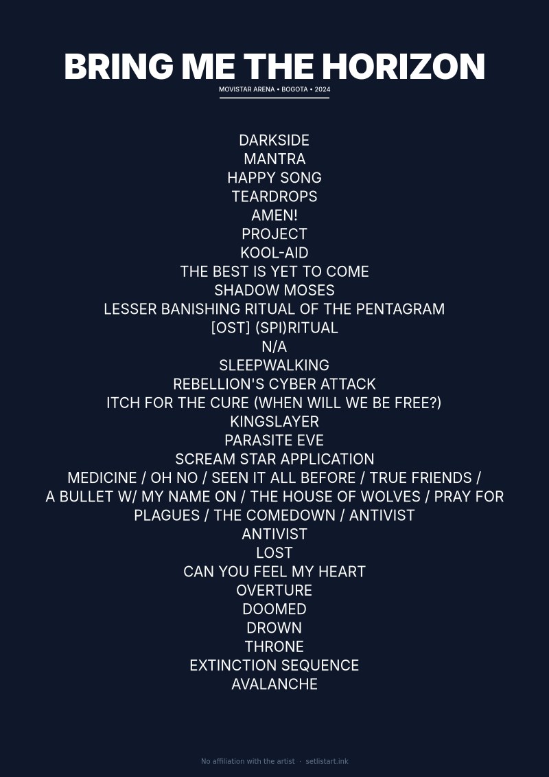 Bring Me the Horizon Bogota 2024 setlist poster preview