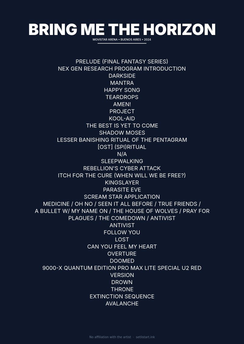 Bring Me the Horizon Buenos Aires 2024 setlist poster preview