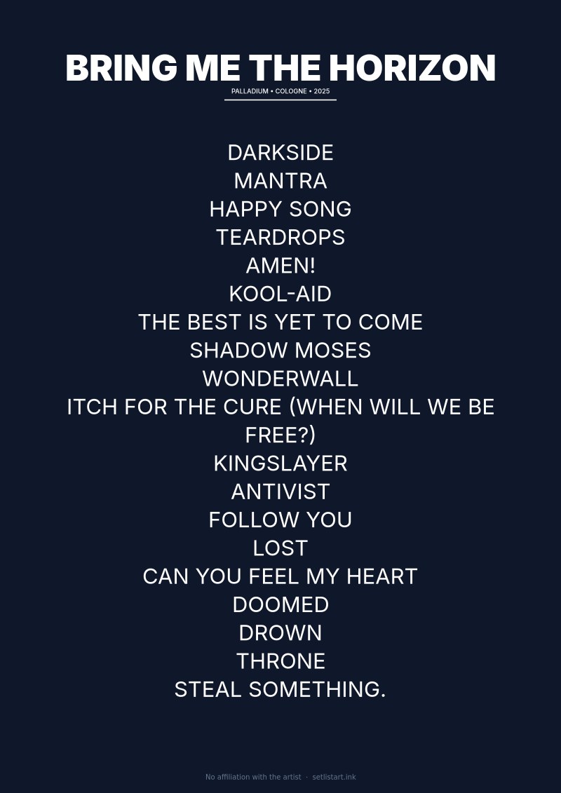 Bring Me the Horizon Cologne 2025 setlist poster preview