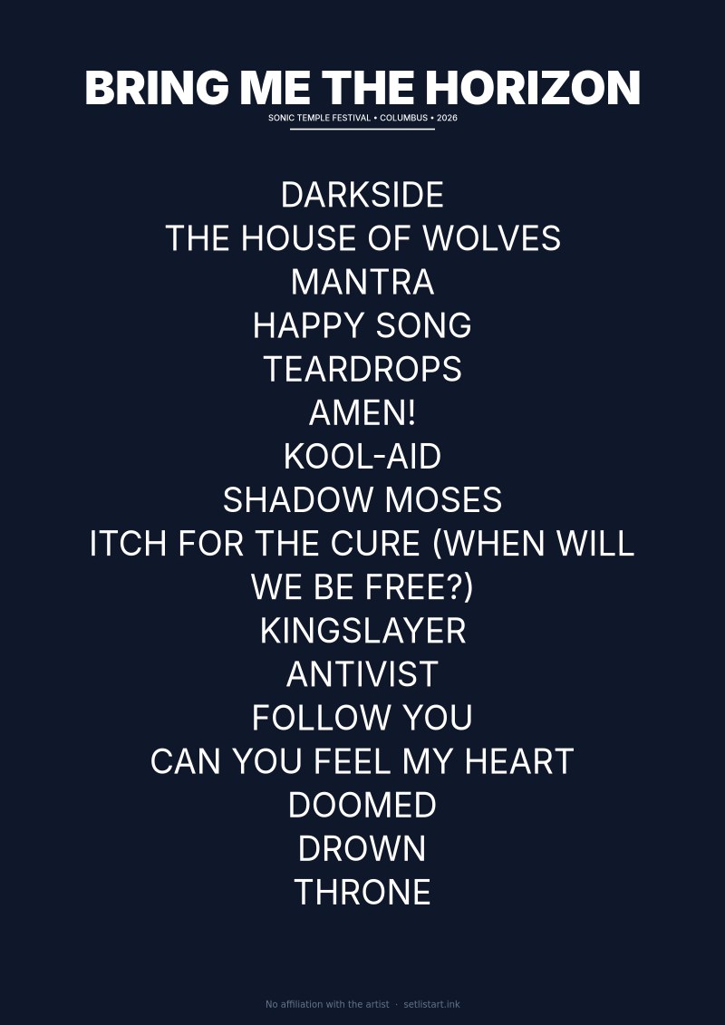 Bring Me the Horizon Sonic Temple Columbus 2026 setlist poster