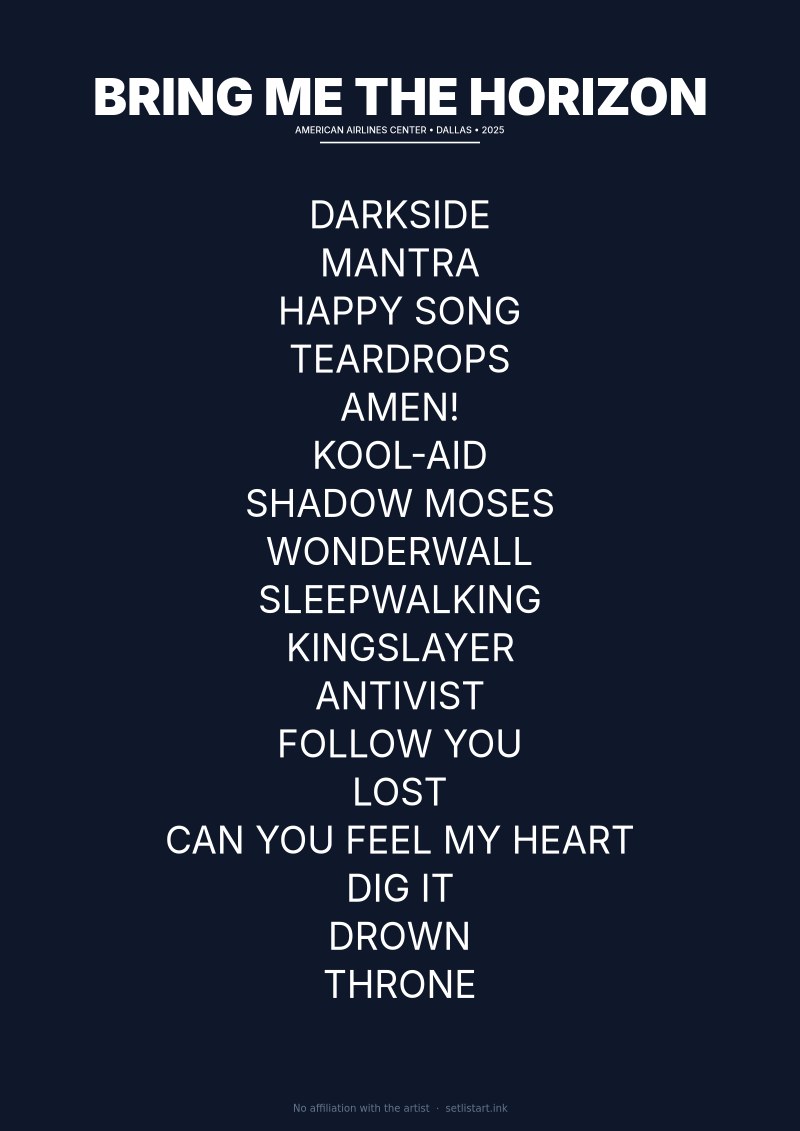 Bring Me the Horizon Dallas 2025 setlist poster preview