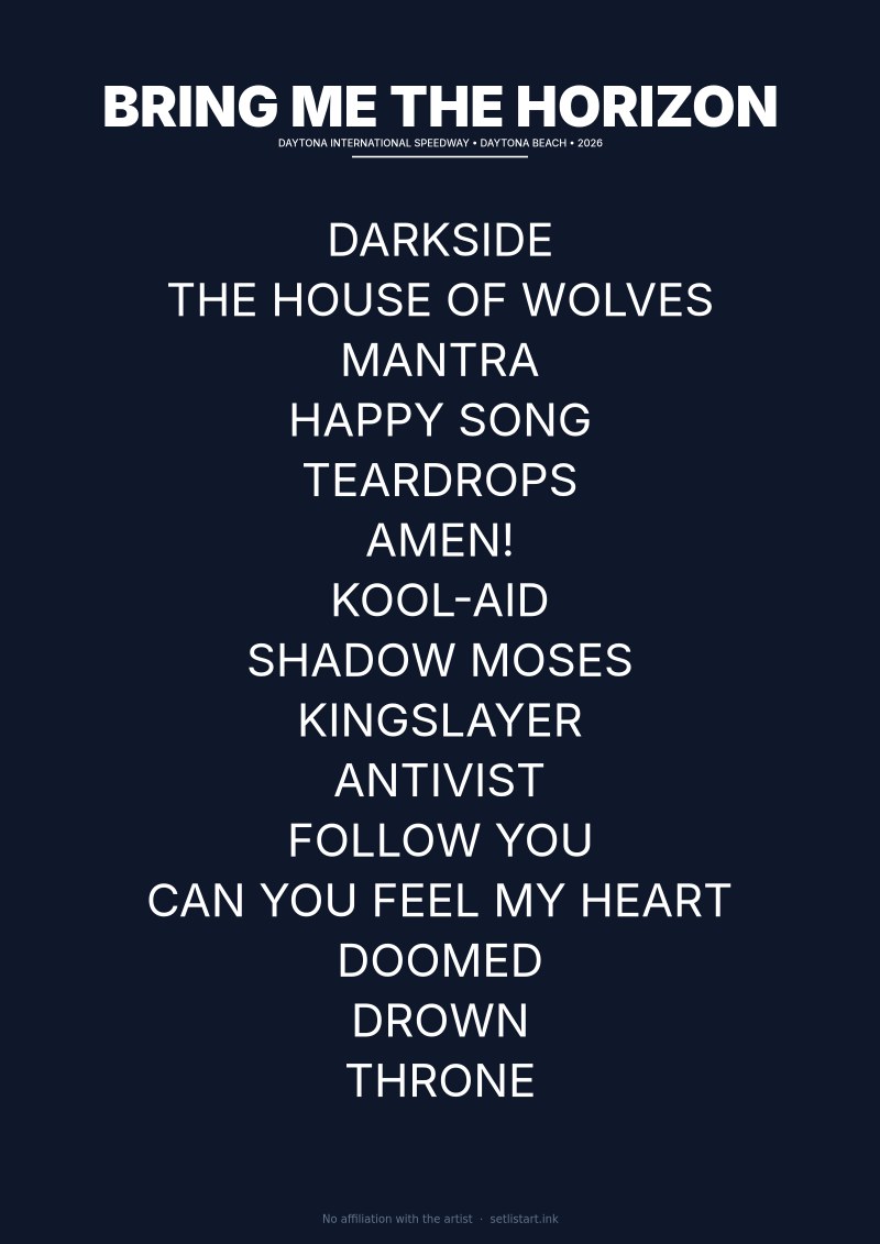 Bring Me the Horizon Daytona Beach 2026 setlist poster preview