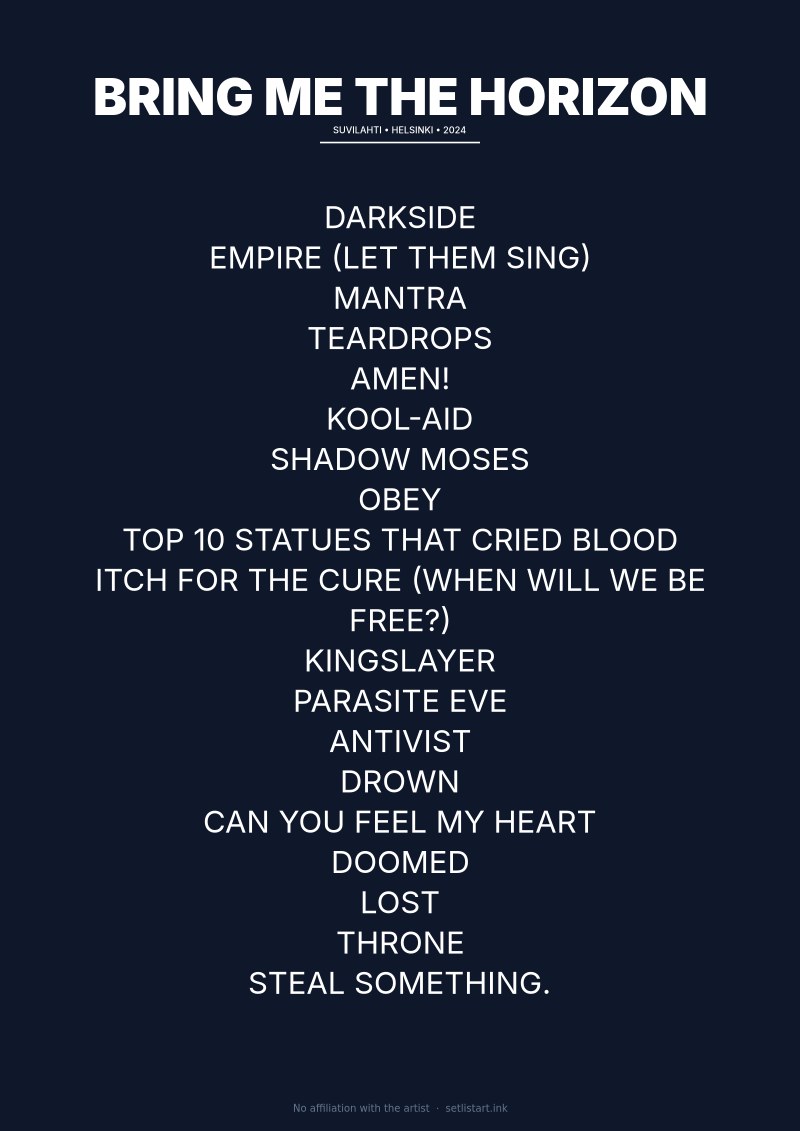 Bring Me the Horizon Helsinki 2024 setlist poster preview