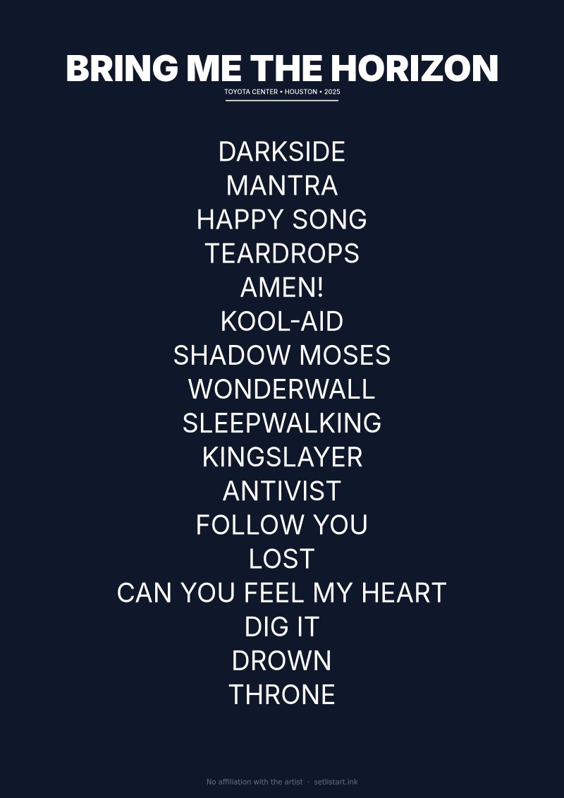 Bring Me the Horizon Houston 2025 setlist poster preview