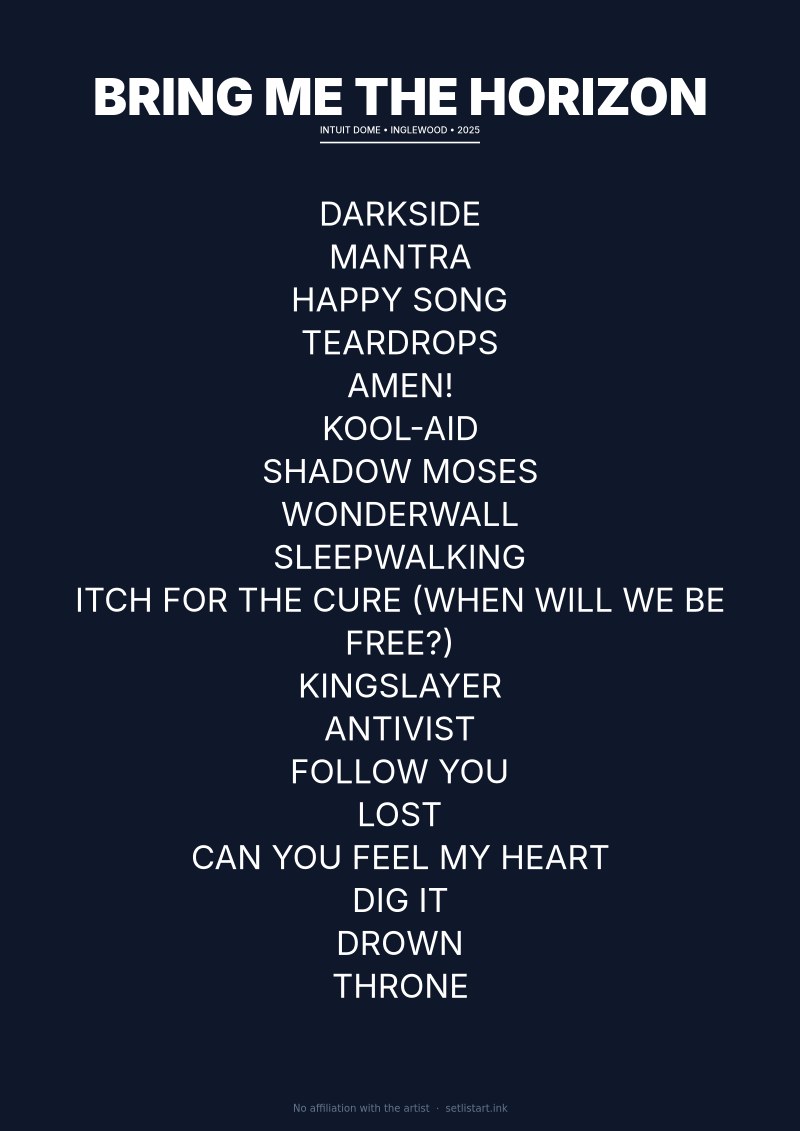 Bring Me the Horizon Inglewood 2025 setlist poster preview