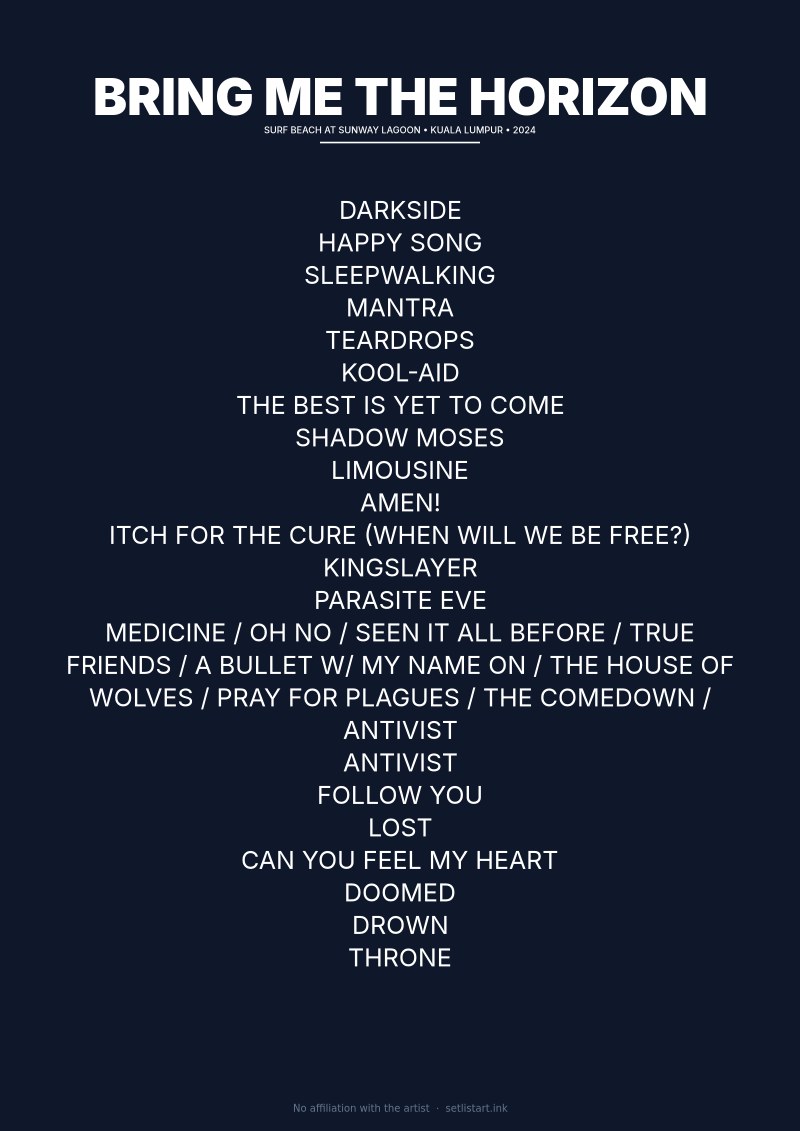 Bring Me the Horizon Kuala Lumpur 2024 setlist poster preview