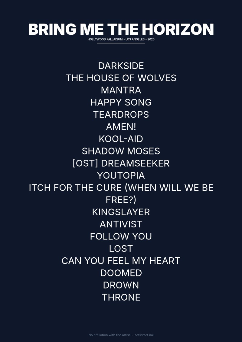 Bring Me the Horizon Los Angeles 2026 setlist poster preview