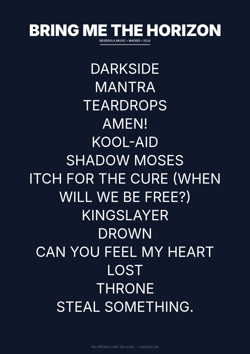 Bring Me the Horizon Madrid 2024 setlist poster preview