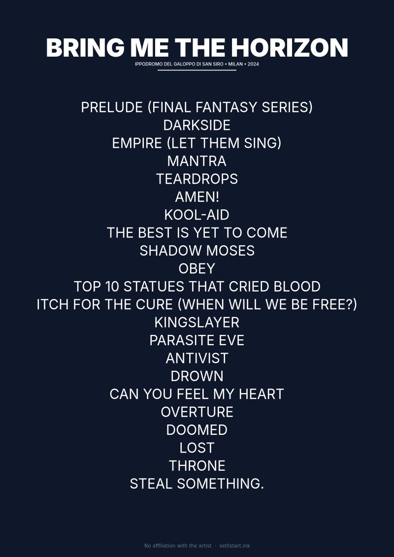 Bring Me the Horizon Milan 2024 setlist poster preview