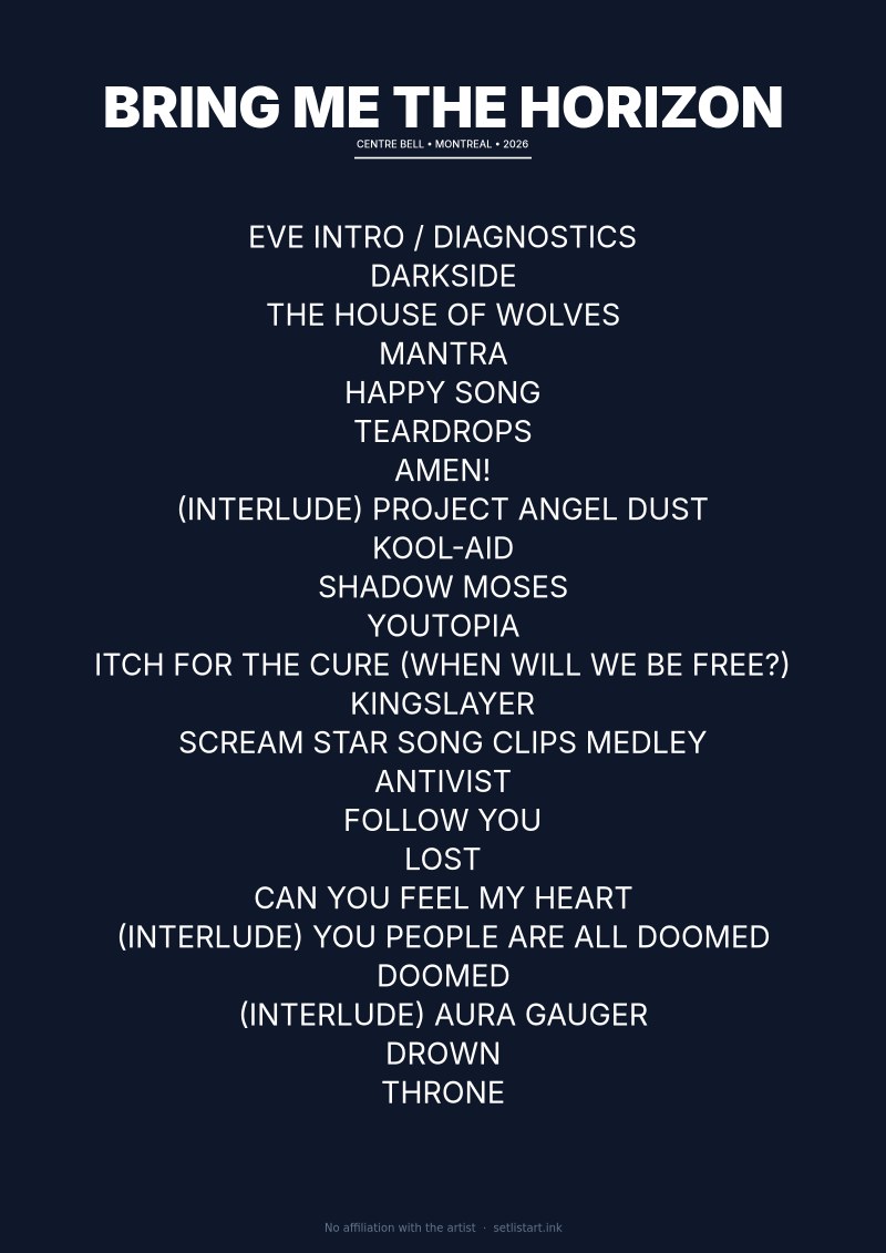 Bring Me the Horizon Montreal 2026 setlist poster preview