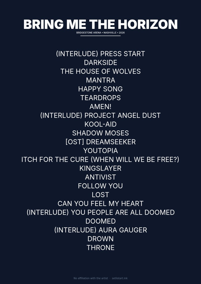 Bring Me the Horizon Nashville 2026 setlist poster preview