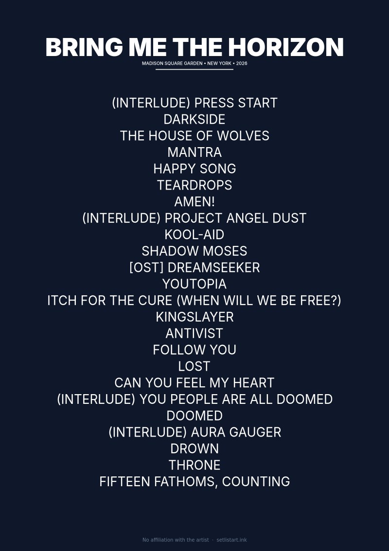 Bring Me the Horizon New York 2026 setlist poster preview